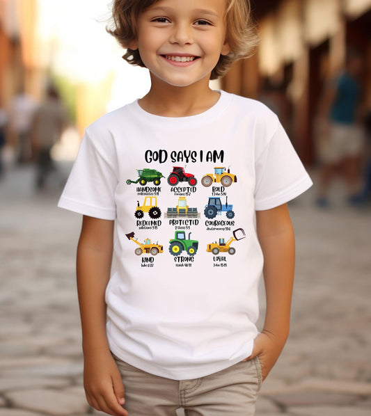 God Says I Am Kids Shirt, Construction Boy Shirt, Bible Verse Truck Youth Shirt