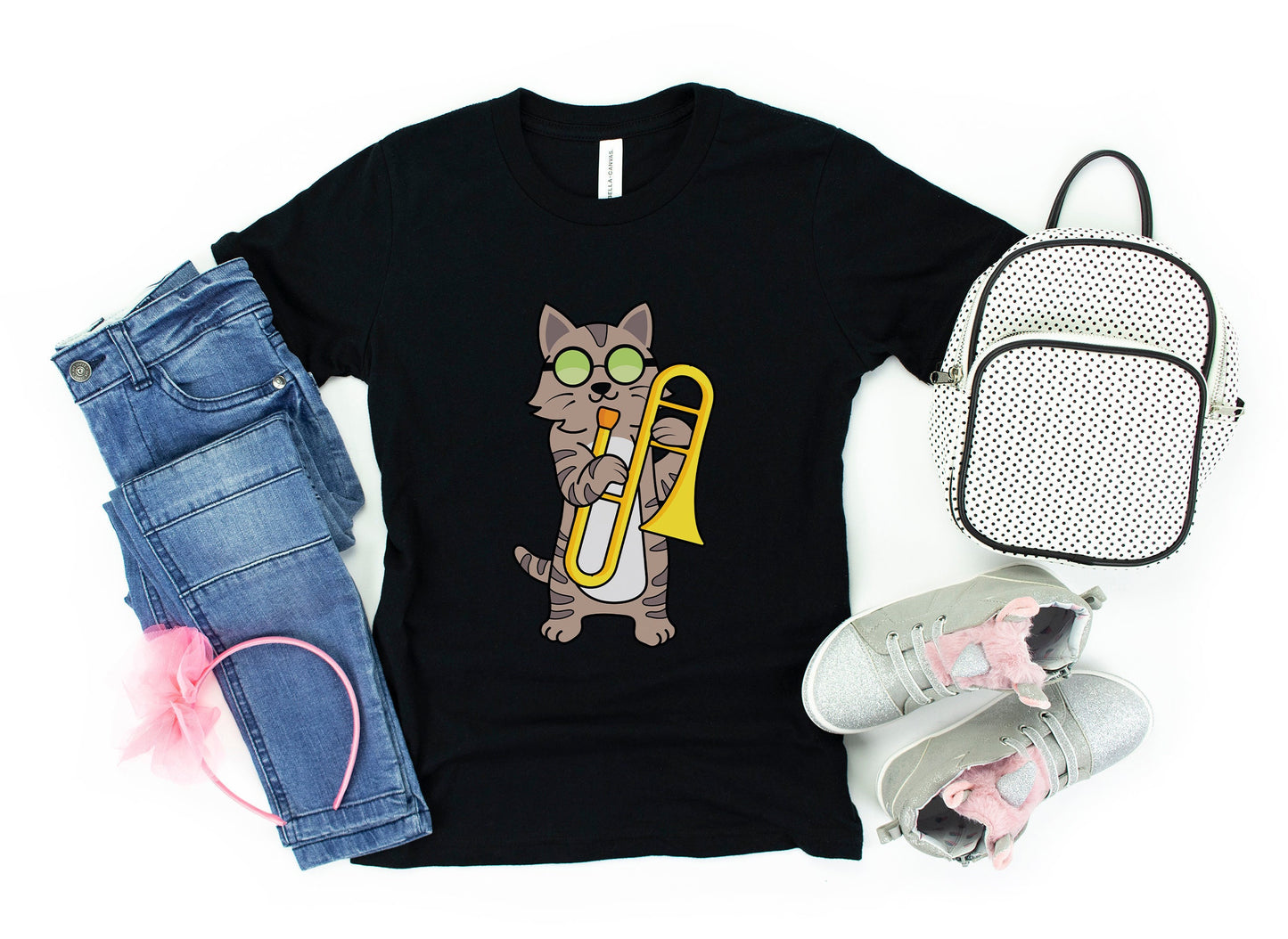 Trombone Player Kíds Tshirt, Cat Playing Trombone Youth Shirt, Funny Feline Tee