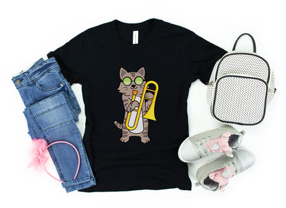 Trombone Player Kíds Tshirt, Cat Playing Trombone Youth Shirt, Funny Feline Tee