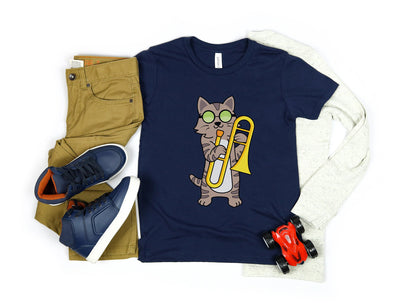 Trombone Player Kíds Tshirt, Cat Playing Trombone Youth Shirt, Funny Feline Tee