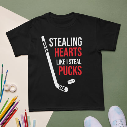 Stealing Hearts Like I Steal Pucks Kids Shirt, Kids Hockey Valentine Shirt, Youth Hockey Tee