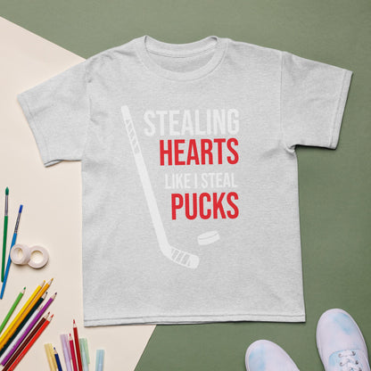 Stealing Hearts Like I Steal Pucks Kids Shirt, Kids Hockey Valentine Shirt, Youth Hockey Tee